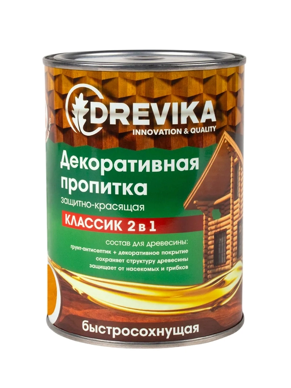 Декоративная пропитка для дерева Drevika Классик 2 в 1, полуматовая, 0,75 л, сосна