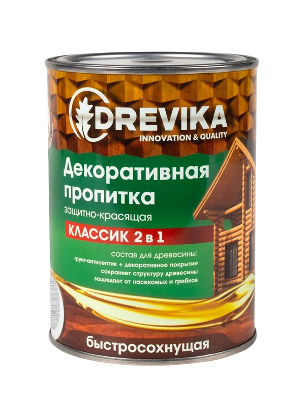 Декоративная пропитка для дерева Drevika Классик 2 в 1, полуматовая, 0,75 л, бесцветная