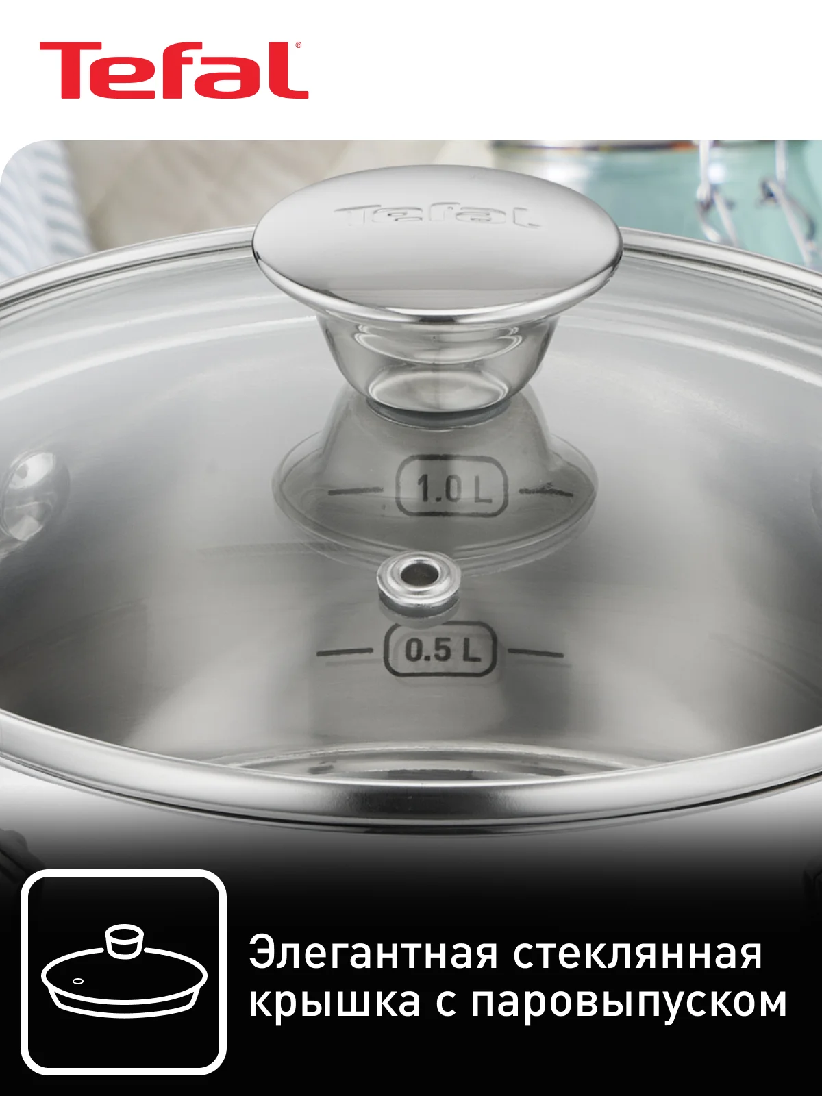 Серебряный кастрюля 2.2 л Tefal Cook Eat B9214374 с крышкой 18 см