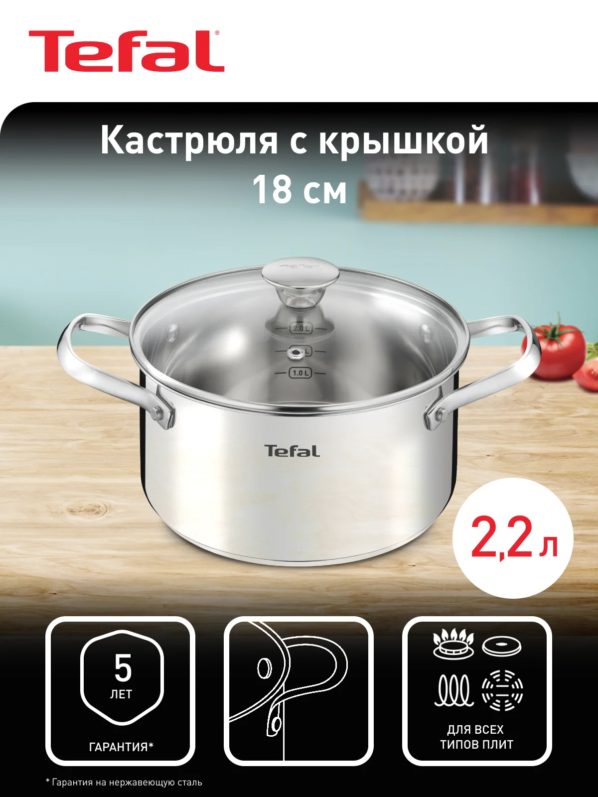 Серебряный кастрюля 2.2 л Tefal Cook Eat B9214374 с крышкой 18 см