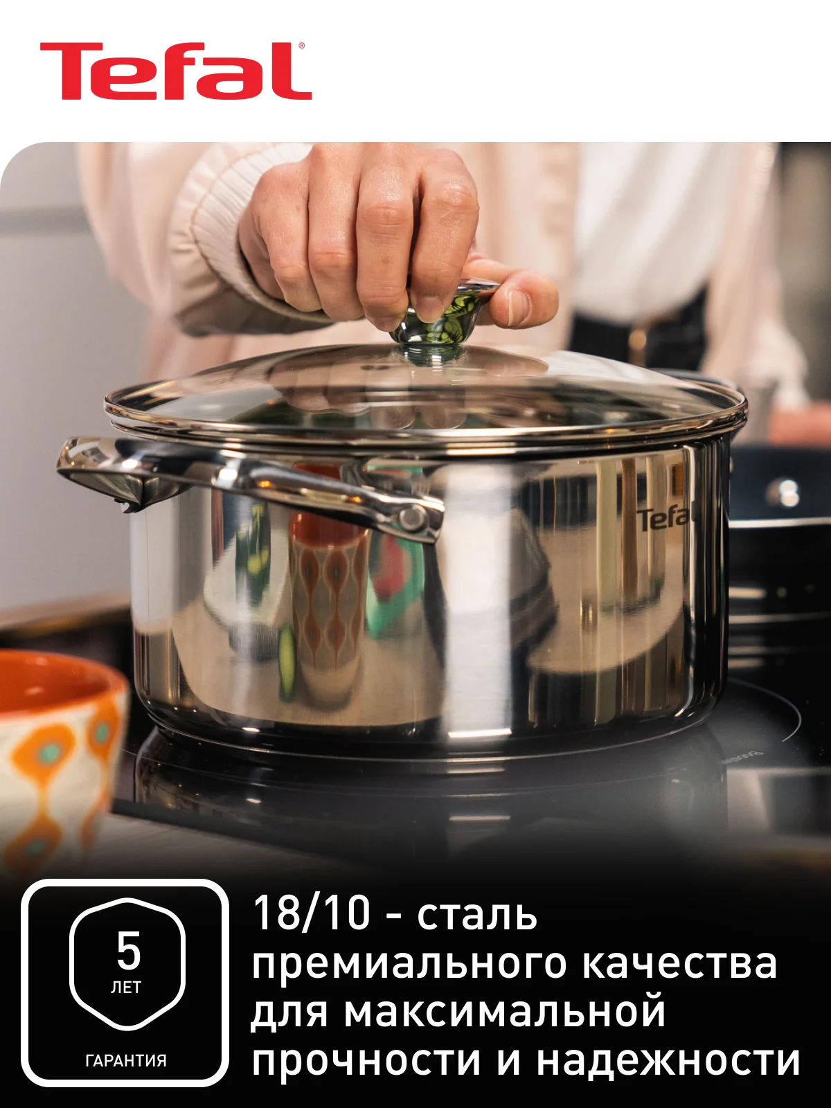 Серебряный кастрюля 5.4 л Tefal Cook Eat B9214674 с крышкой 24 см