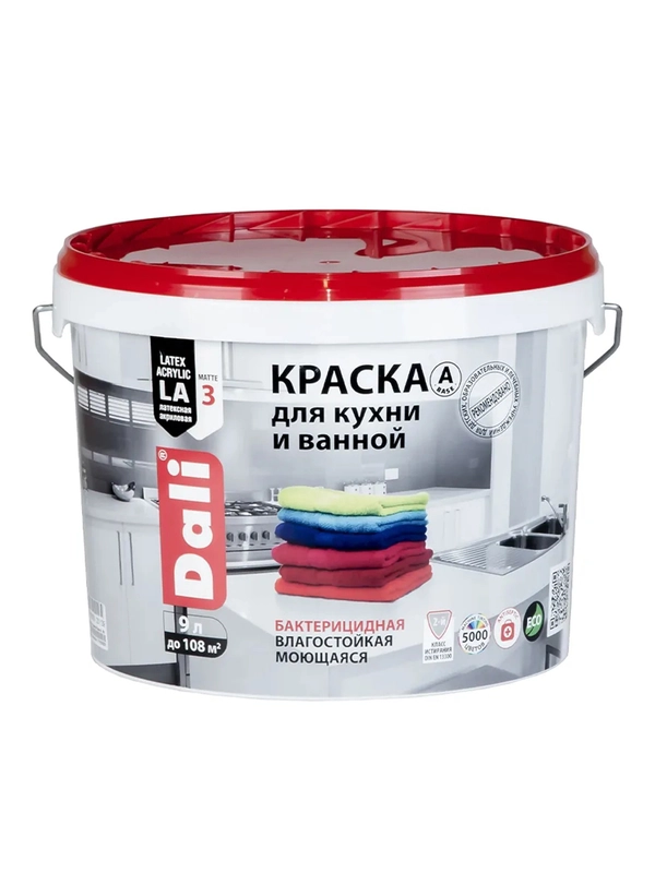 Краска для кухни и ванной Dali, латексная, глубокоматовая, база A, супербелая, 9 л