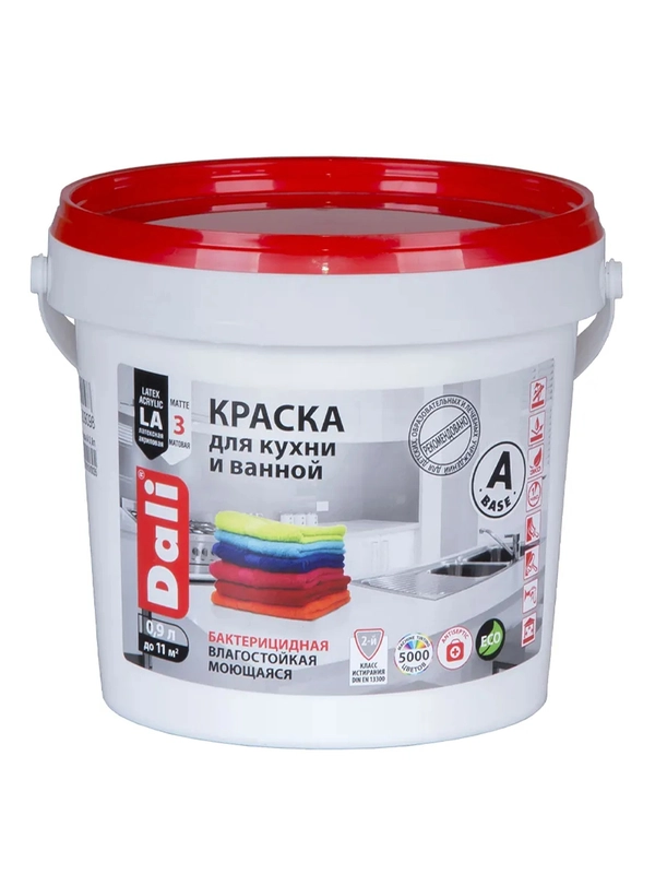 Краска для кухни и ванной Dali, латексная, глубокоматовая, база A, супербелая, 0,9 л