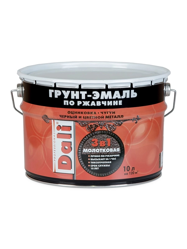 Грунт-эмаль по ржавчине Dali 3 в 1, молотковая, 10 л, зеленая