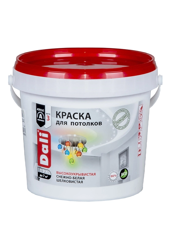 Краска для потолков Dali, акриловая, глубокоматовая, снежно-белая, 0,9 л