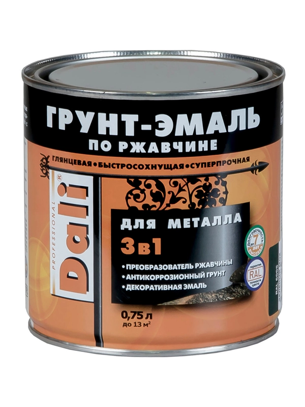 Грунт-эмаль по ржавчине Dali 3 в 1, глянцевая, 0,75 л, RAL 7024, серый графит