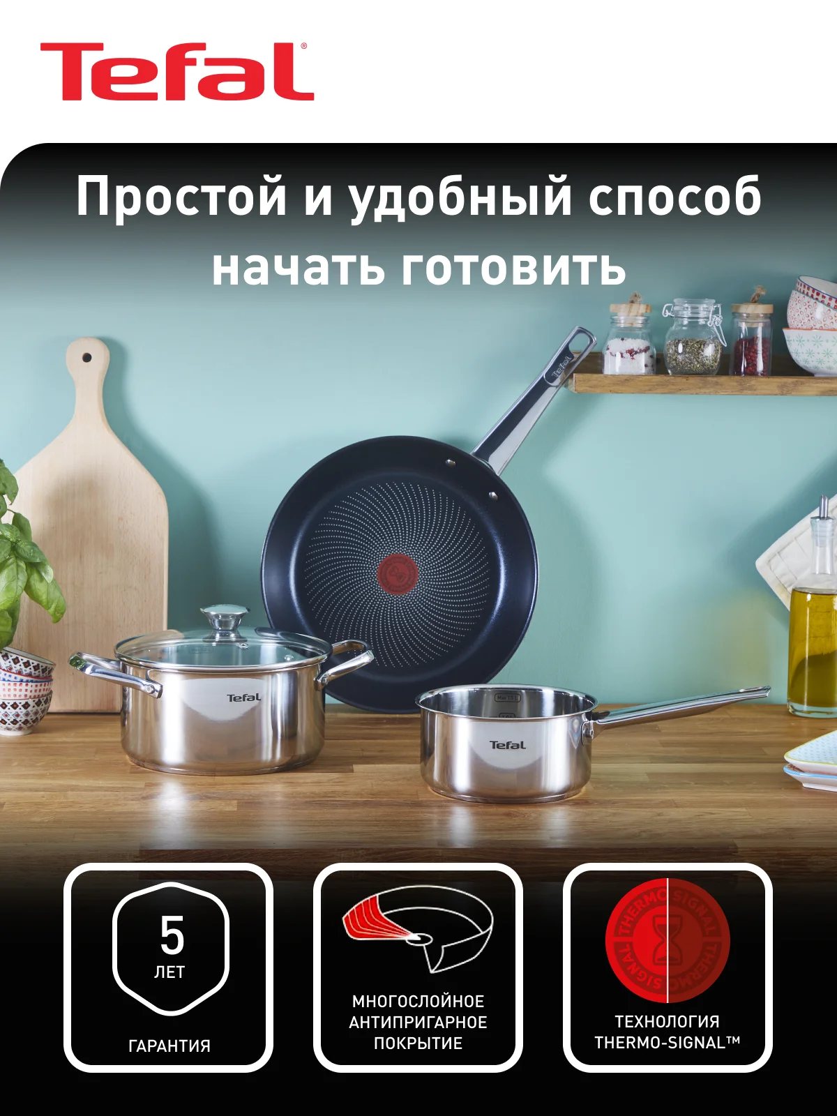 Серебряный набор посуды с крышкой Tefal Cook Eat B922S434 28/20/16 см