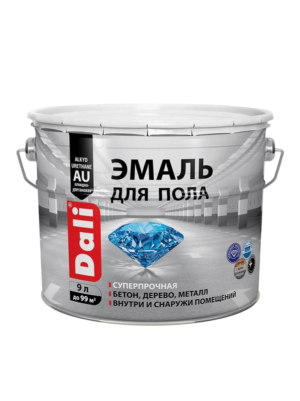 Эмаль для пола Dali, алкидно-уретановая, глянцевая, серая, 9 л