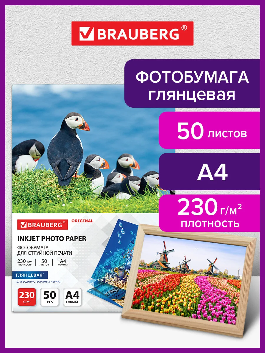 Фотобумага глянцевая, А4, 230 г/м2, односторонняя, 50 листов, BRAUBERG ORIGINAL, 363990