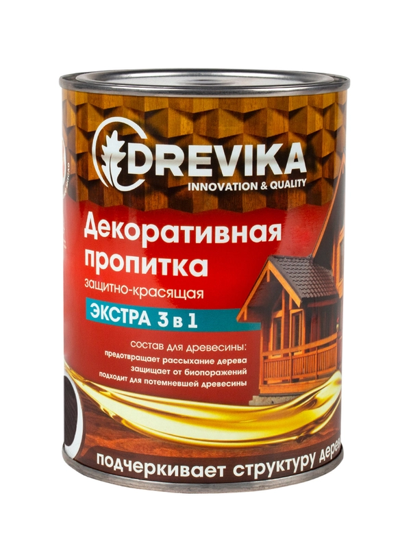 Декоративная пропитка для дерева Drevika Экстра 3 в 1, полуматовая, 0,8 л, палисандр