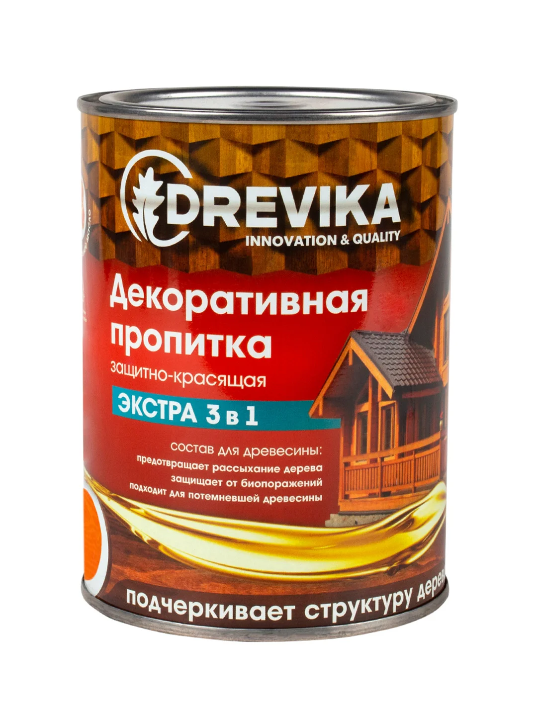 Декоративная пропитка для дерева Drevika Экстра 3 в 1, полуматовая, 0,8 л, орегон