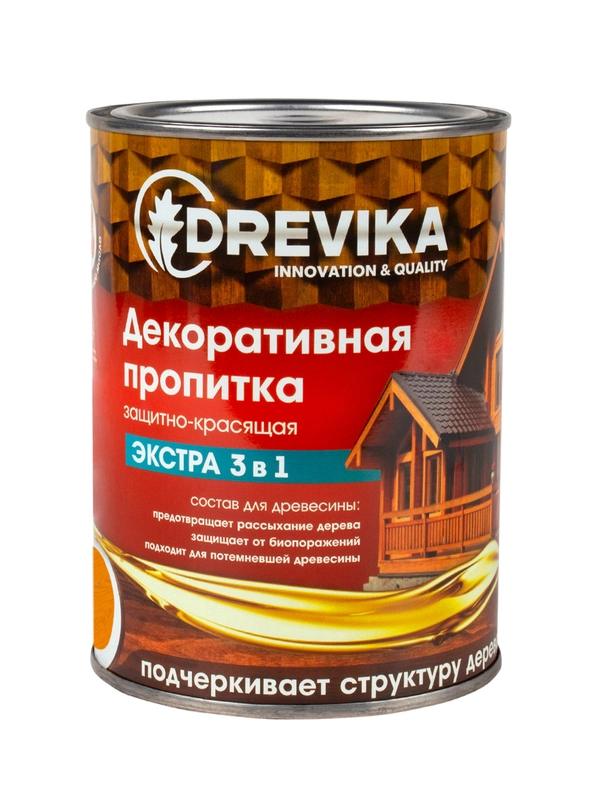 Декоративная пропитка для дерева Drevika Экстра 3 в 1, полуматовая, 0,8 л, калужница
