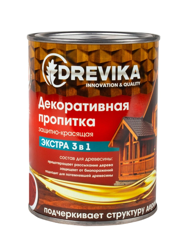 Декоративная пропитка для дерева Drevika Экстра 3 в 1, полуматовая, 0,8 л, махагон