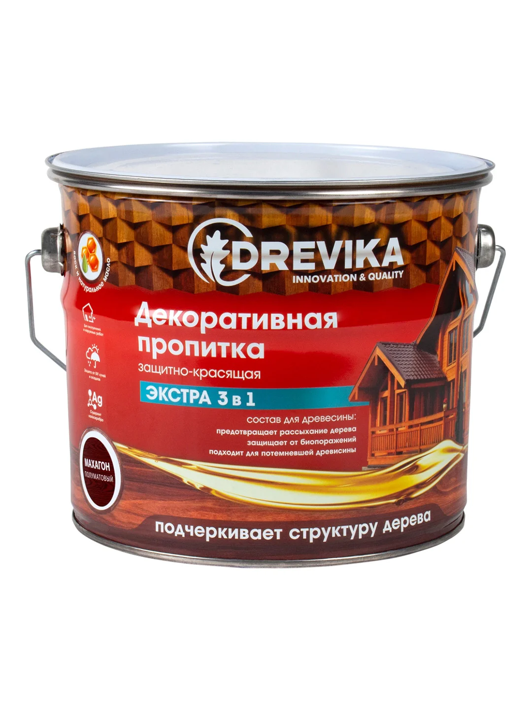 Декоративная пропитка для дерева Drevika Экстра 3 в 1, полуматовая, 3 л, махагон