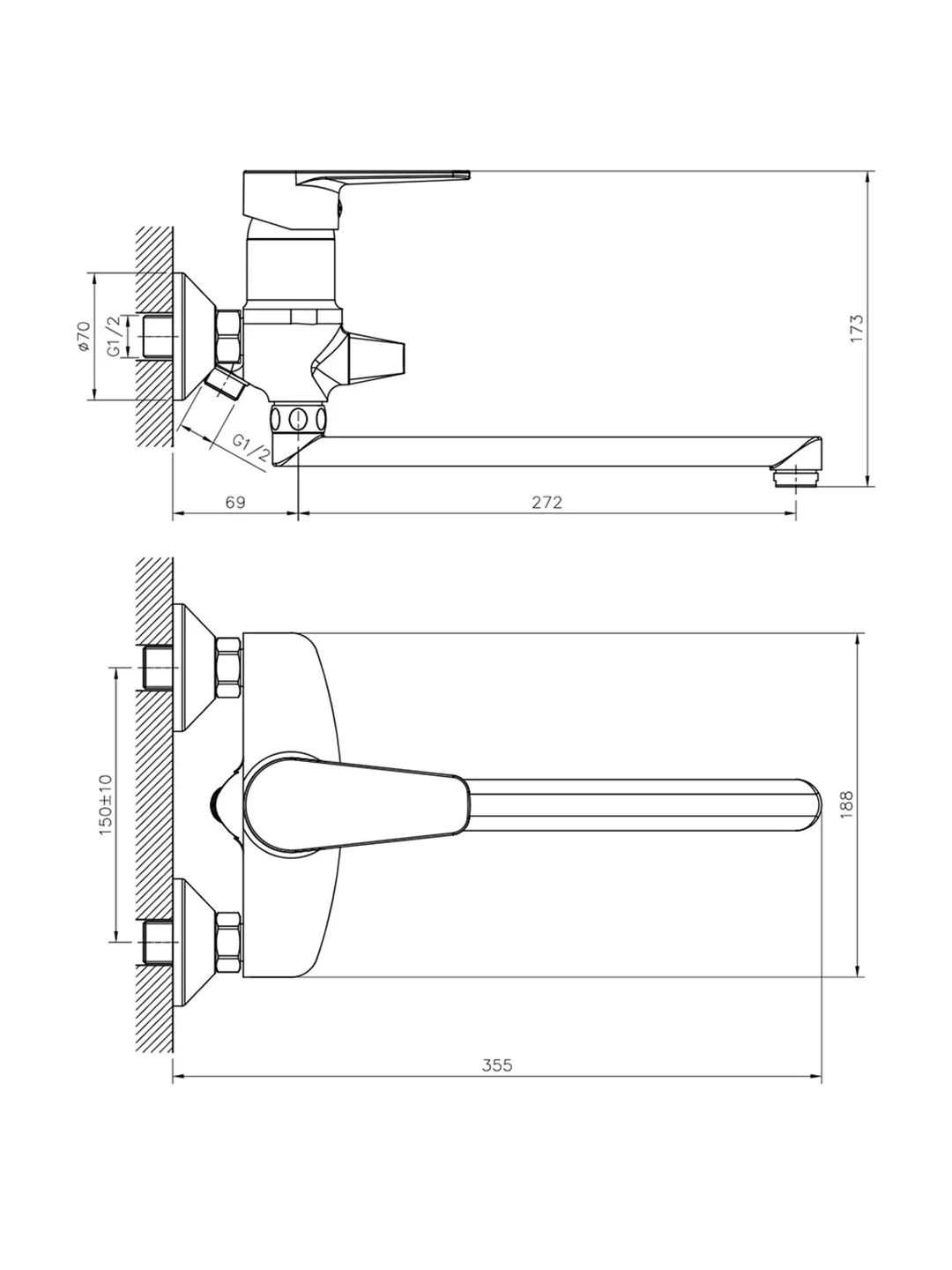 Смеситель для ванны с душем Decoroom DR72043, с длинным изливом, однорычажный, хром