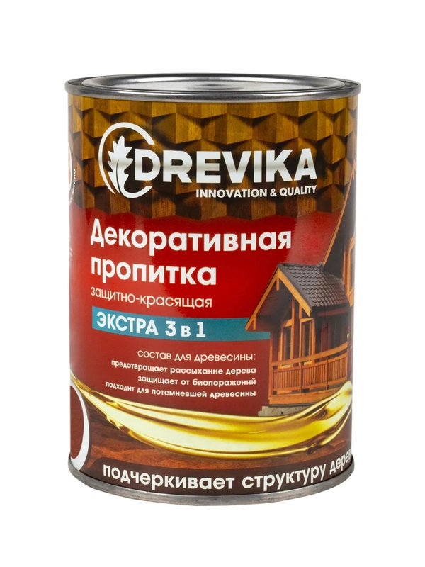 Декоративная пропитка для дерева Drevika Экстра 3 в 1, полуматовая, 0,8 л, каштан