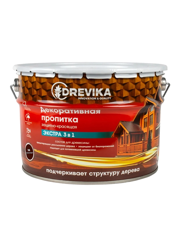 Декоративная пропитка для дерева Drevika Экстра 3 в 1, полуматовая, 9 л, тик