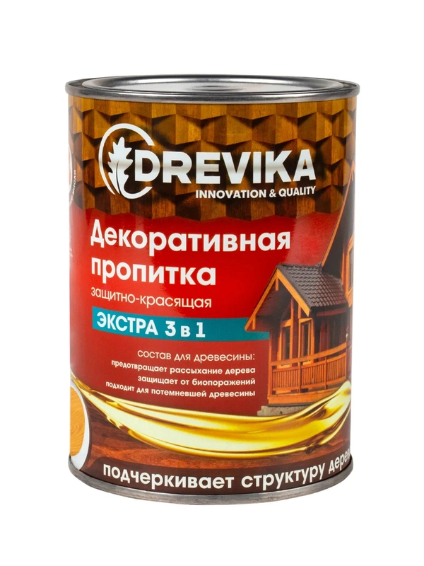 Декоративная пропитка для дерева Drevika Экстра 3 в 1, полуматовая, 0,8 л, сосна
