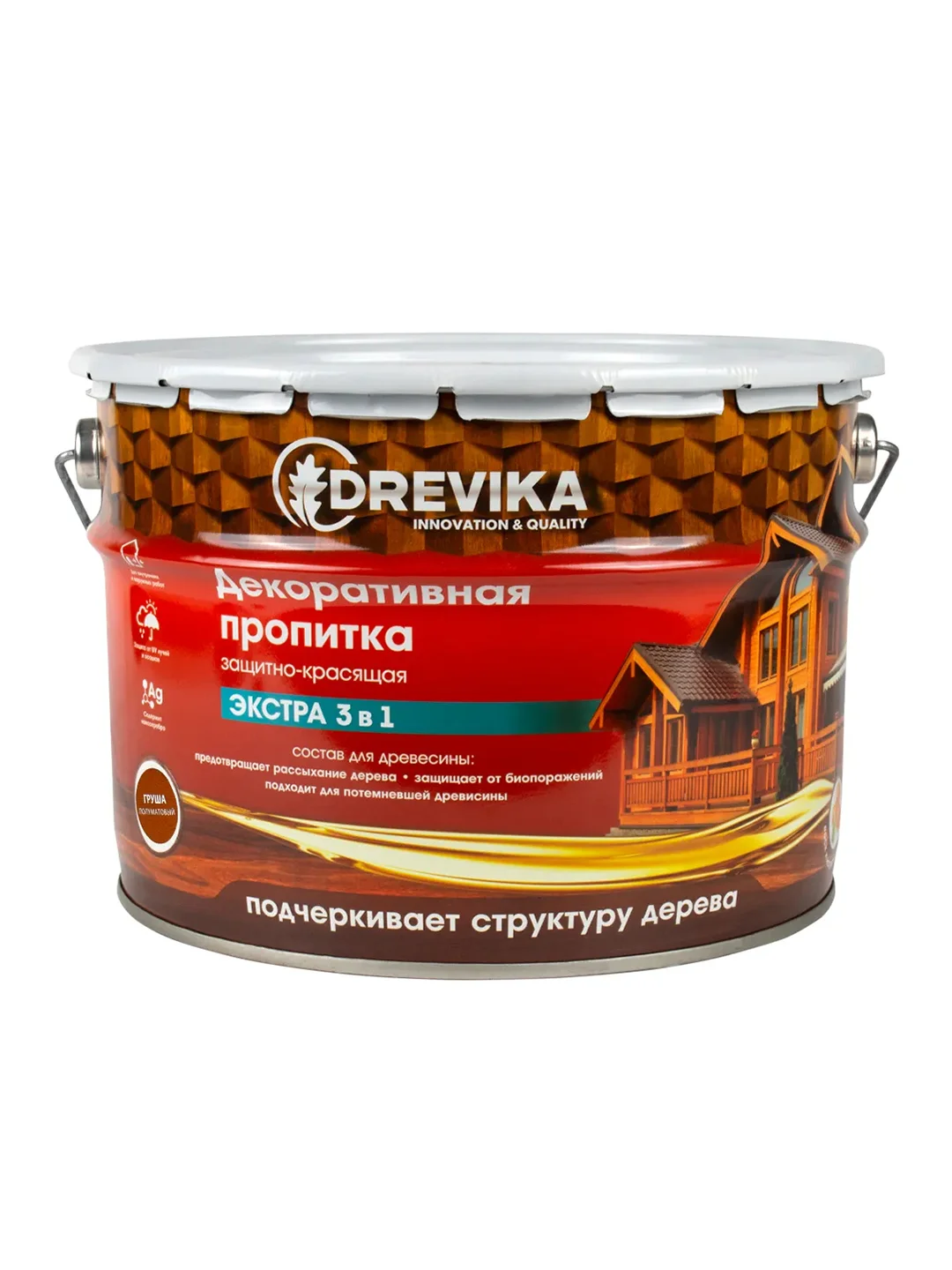 Декоративная пропитка для дерева Drevika Экстра 3 в 1, полуматовая, 9 л, груша