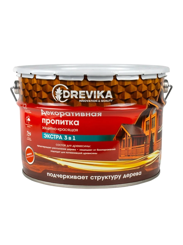 Декоративная пропитка для дерева Drevika Экстра 3 в 1, полуматовая, 9 л, рябина