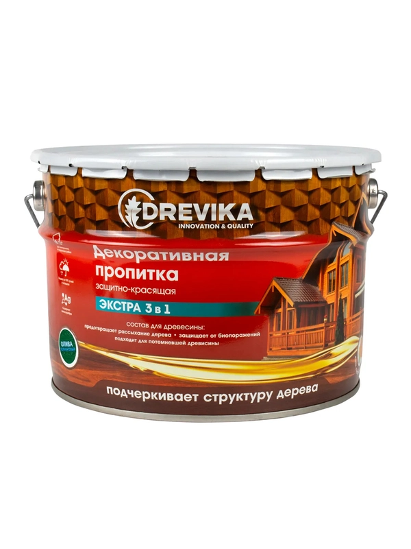 Декоративная пропитка для дерева Drevika Экстра 3 в 1, полуматовая, 9 л, олива