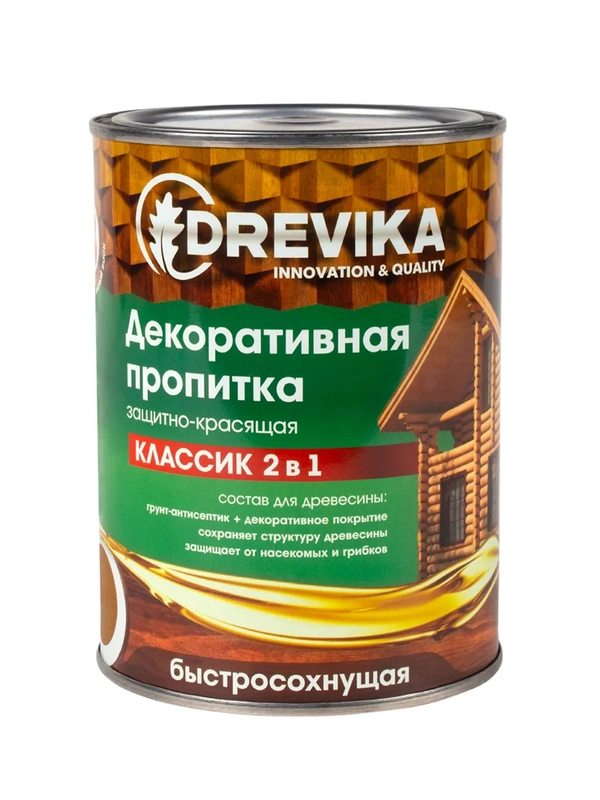 Декоративная пропитка для дерева Drevika Классик 2 в 1, полуматовая, 0,75 л, дуб