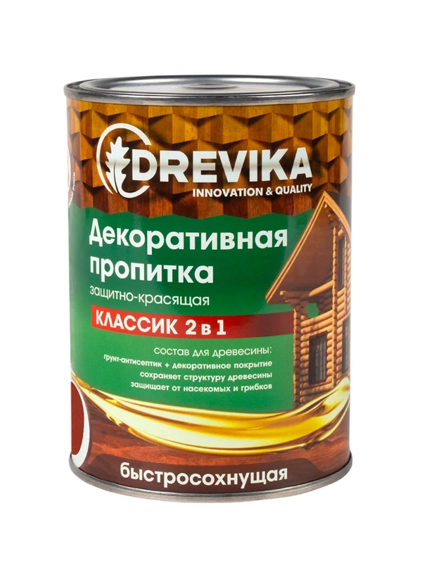 Декоративная пропитка для дерева Drevika Классик 2 в 1, полуматовая, 0,75 л,красное дерево