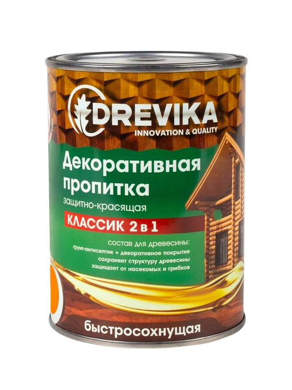 Декоративная пропитка для дерева Drevika Классик 2 в 1, полуматовая, 0,75 л, орегон