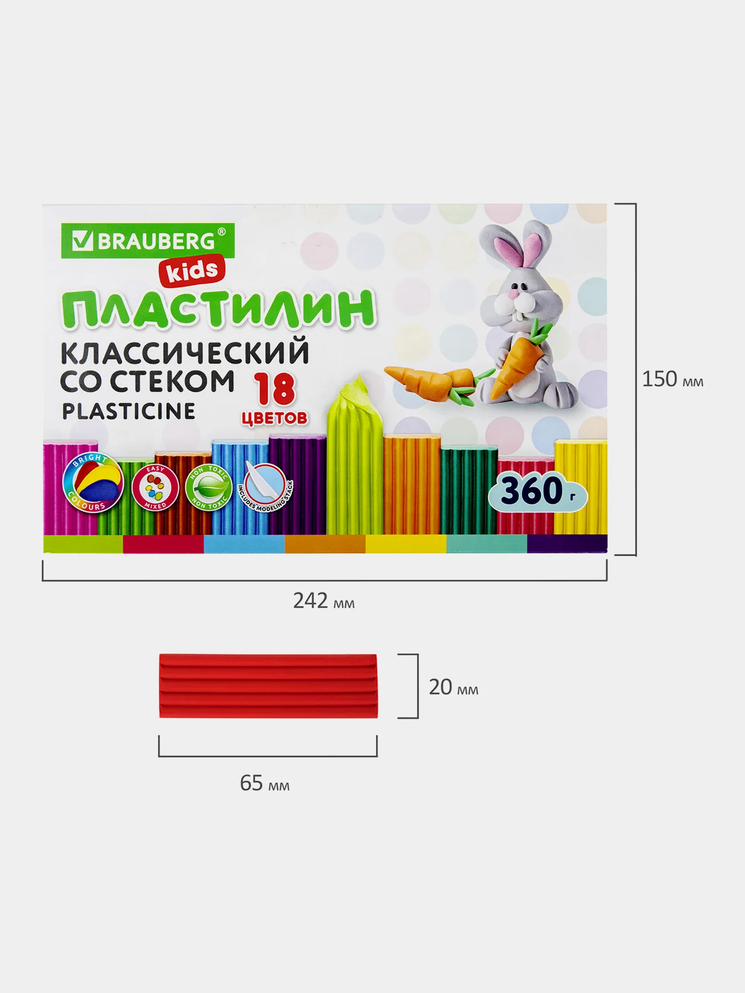 Пластилин набор 2 штуки по 18 цветов, классический, 720 грамм, 2 стека, Brauberg Kids