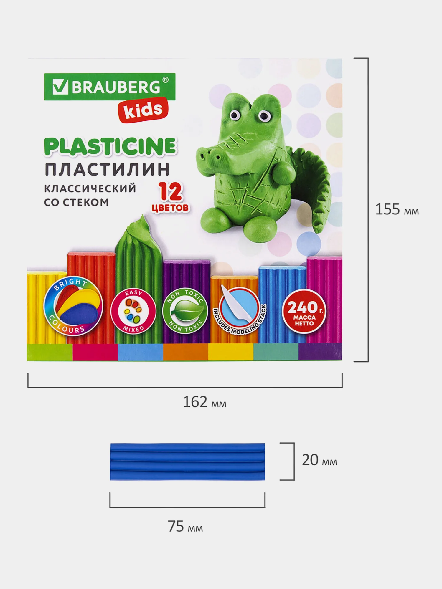 Пластилин набор 2 штуки по 12 цветов, классический, 480 грамм, 2 стека, Brauberg Kids