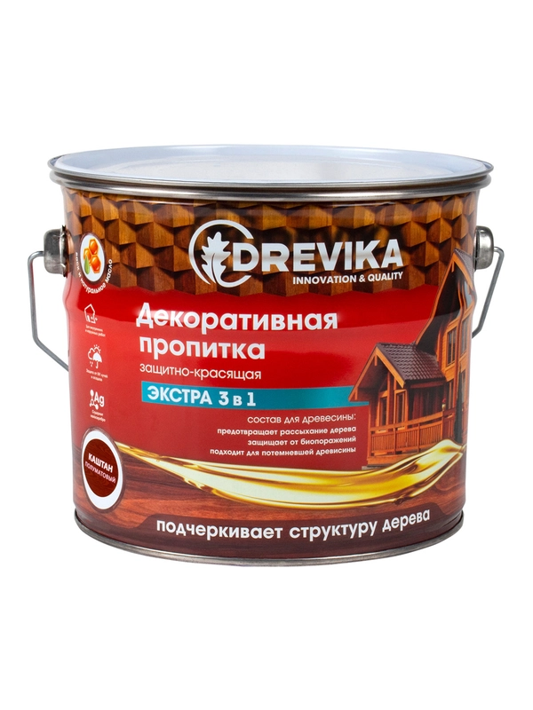 Декоративная пропитка для дерева Drevika Экстра 3 в 1, полуматовая, 3 л, каштан