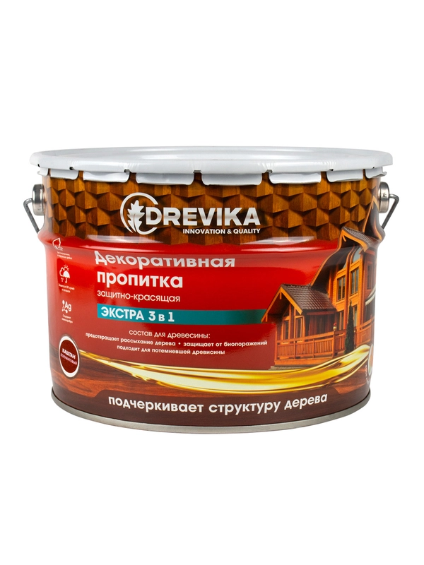 Декоративная пропитка для дерева Drevika Экстра 3 в 1, полуматовая, 9 л, каштан