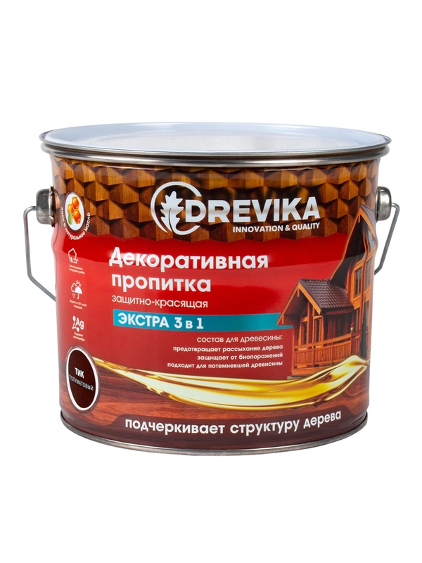 Декоративная пропитка для дерева Drevika Экстра 3 в 1, полуматовая, 3 л, тик