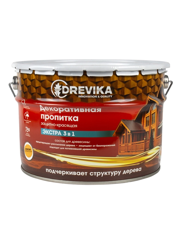 Декоративная пропитка для дерева Drevika Экстра 3 в 1, полуматовая, 9 л, сосна