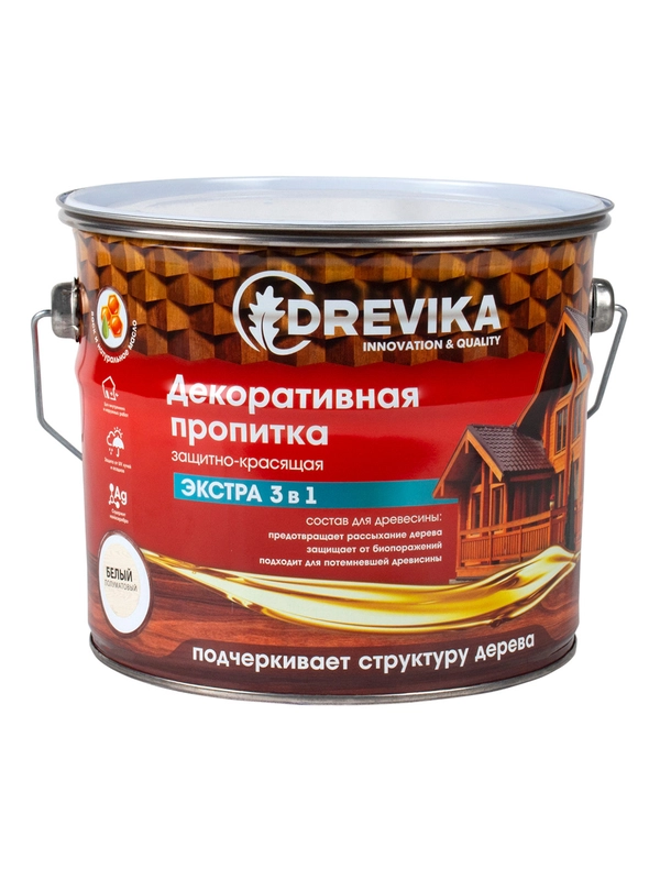Декоративная пропитка для дерева Drevika Экстра 3 в 1, полуматовая, 3 л, белая
