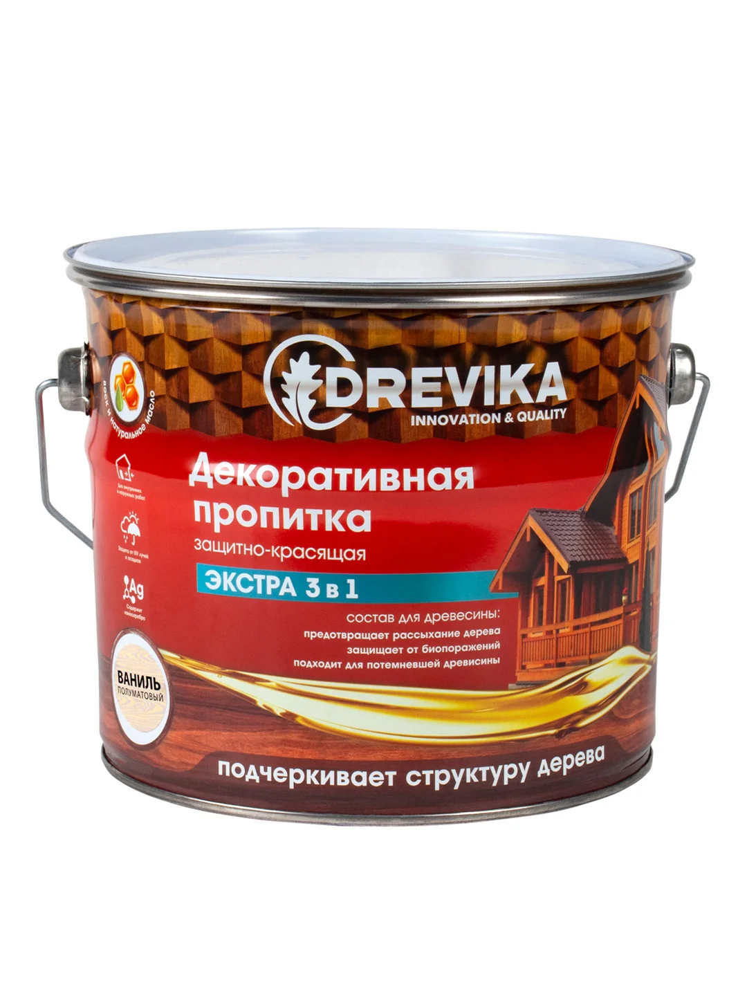 Декоративная пропитка для дерева Drevika Экстра 3 в 1, полуматовая, 3 л, ваниль