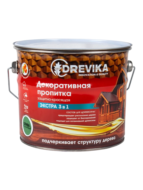 Декоративная пропитка для дерева Drevika Экстра 3 в 1, полуматовая, 3 л, олива