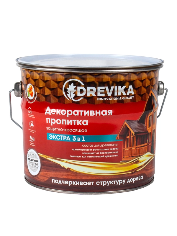 Декоративная пропитка для дерева Drevika Экстра 3 в 1, полуматовая, 3 л, бесцветная