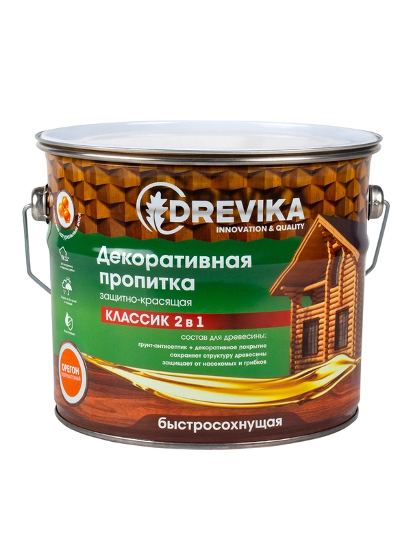 Декоративная пропитка для дерева Drevika Классик 2 в 1, полуматовая, 2,7 л, орегон