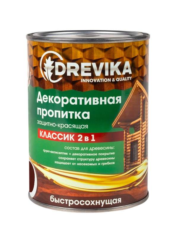 Декоративная пропитка для дерева Drevika Классик 2 в 1, полуматовая, 0,75 л, тик
