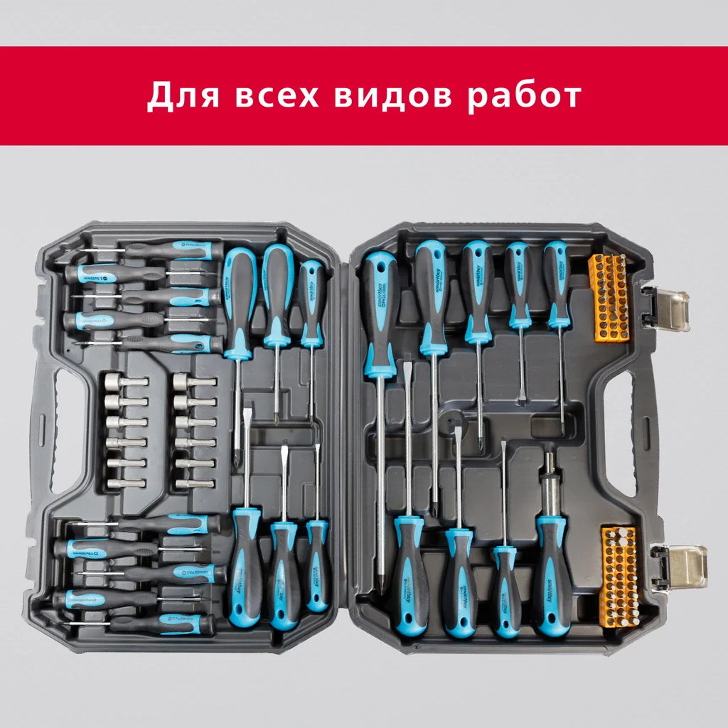 Набор отверток, головок, реверс, 100 штук, PH,PZ,SL,TORX,TORXH,HEX,S, 4-12 мм
