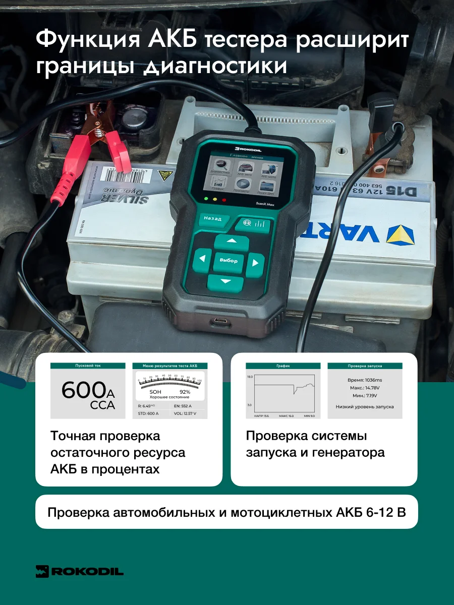Зеленый автосканер Rokodil ScanX Max OBD2, с функцией АКБ, тестера для авто, 2 в 1