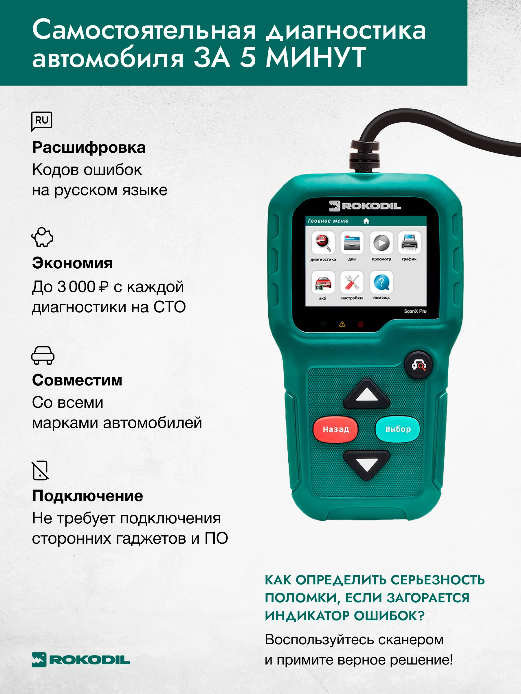 Зеленый автосканер Rokodil ScanX Pro OBD2, для диагностики автомобиля, мультимарочный