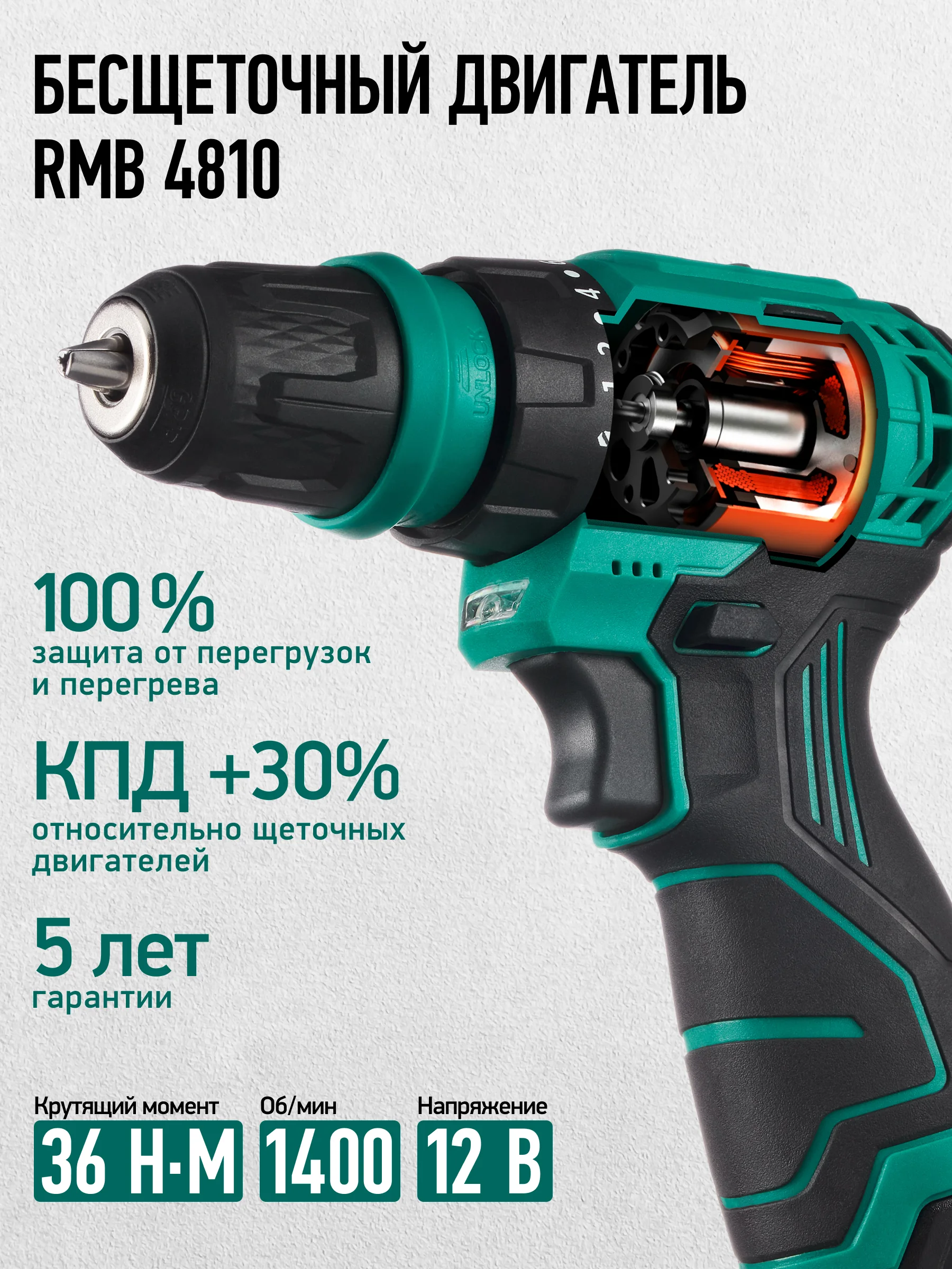 Зеленый бесщеточный аккумуляторный шуруповерт Rokodil Twist 2 Air 12 В, 36 Нм, 2 Ач, 1400 об/мин