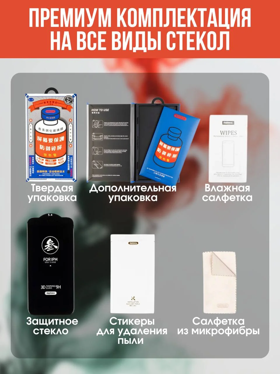 Защитное стекло Remax iPhone 16, 15, 14, 13, 12, 11 (Mini, Pro, ProMax) XR, X/Xs