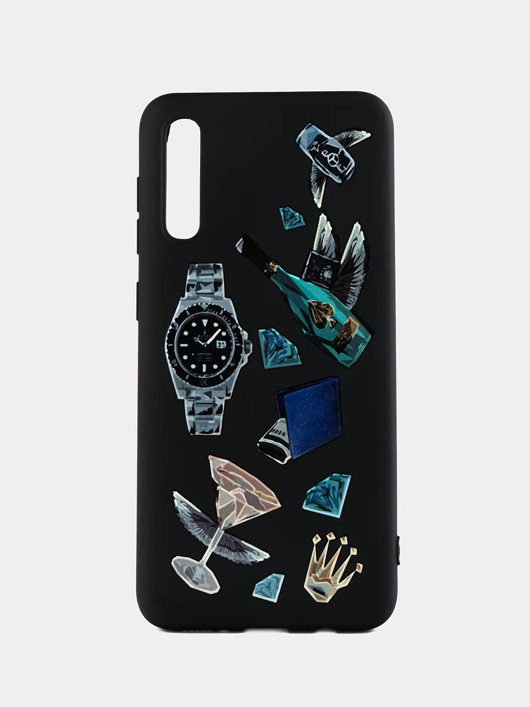 Черный чехол силиконовый для Samsung A50, A51 4G, M21 с цветным 3D принтом и микрофиброй