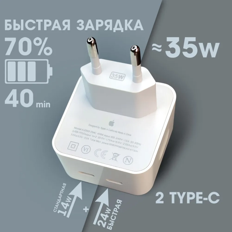 Блок питания на 2 USB Type-C быстрая зарядка 35W C+C адаптер