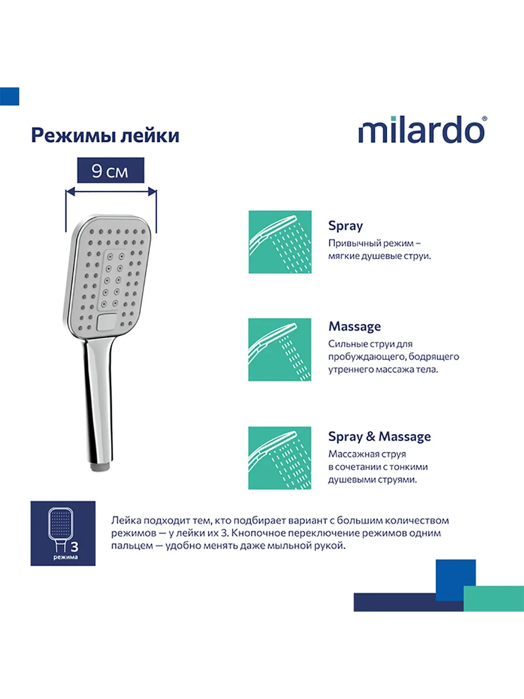 Лейка для душа Milardo Ideal Spa, 3 режима, хром