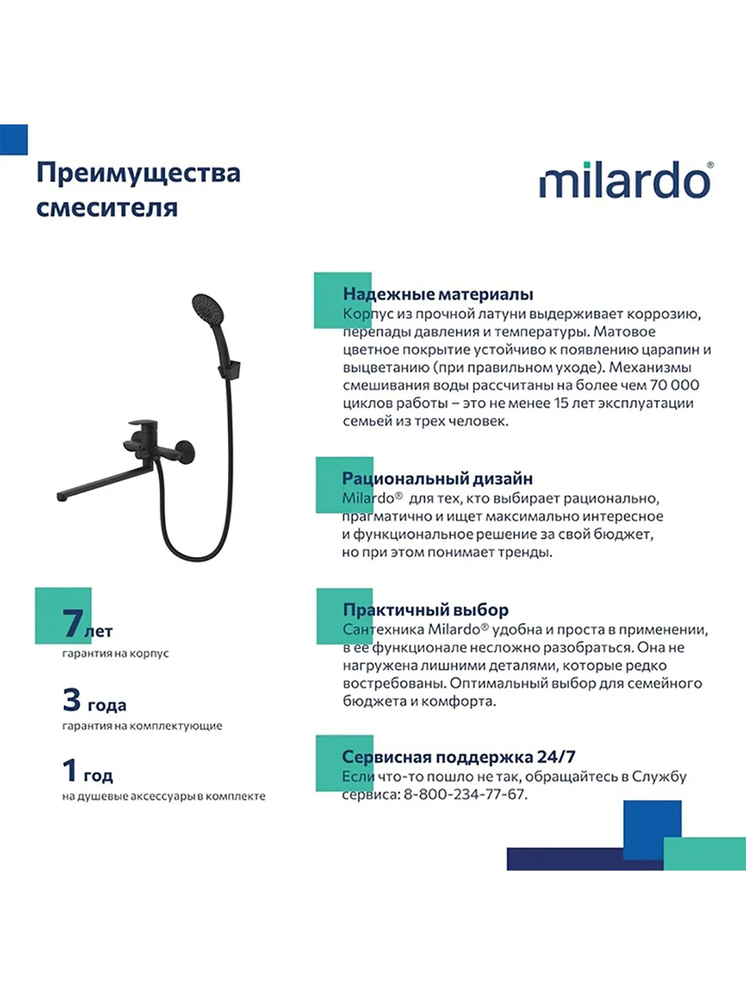 Смеситель для ванны с душем Milardo Rora, с длинным изливом, черный матовый