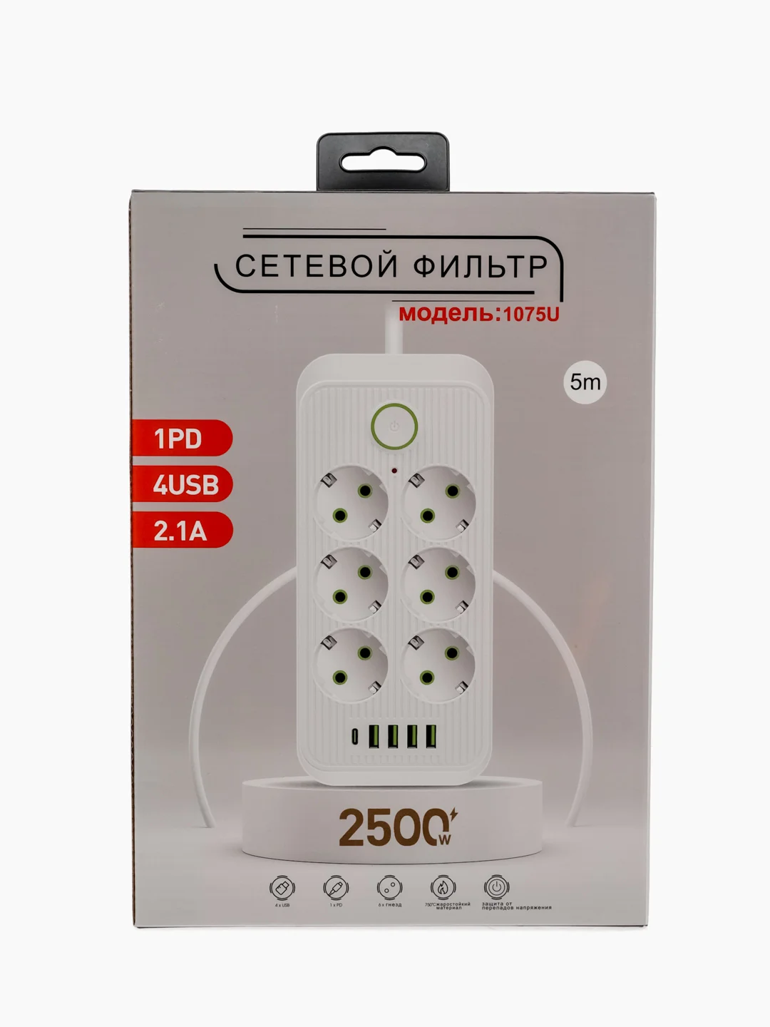 Сетевой фильтр, удлинитель 3 и 5 метров, 6 розеток + 4 порта USB 2.1А + Type-C